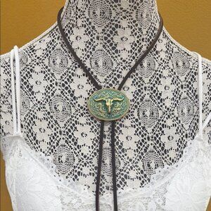 Upcycled Western Bolo Tie Turquoise & Gold Bull Skull